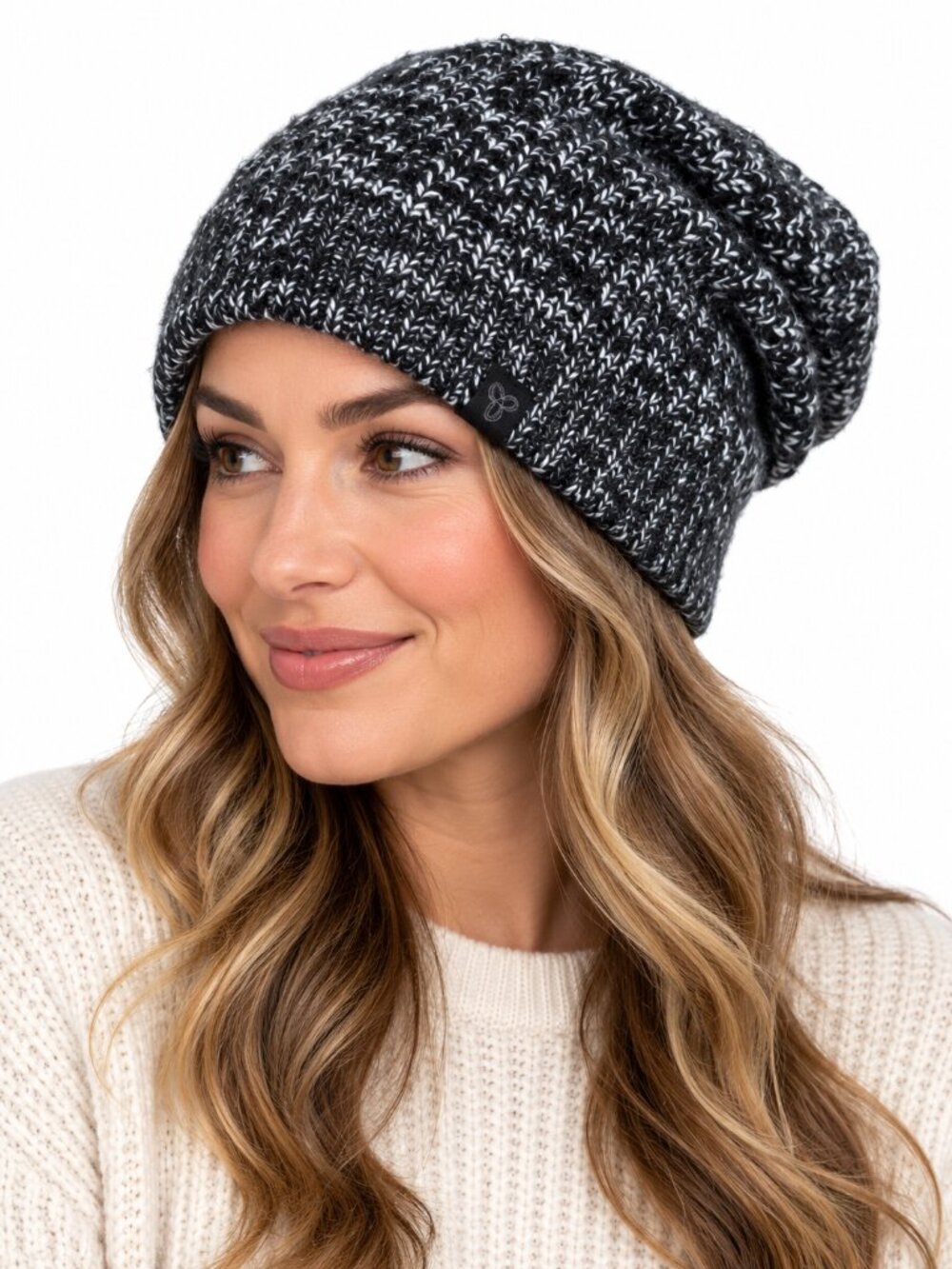 TNA Slouchy Knit Beanie Toque Black White Marled OS Winter Hat Roll-Cuff Aritzia
